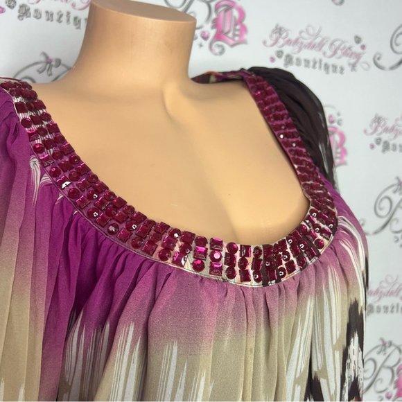Bebe 100% silk top bling Jewel π rhinestone neckline boho ombrΓ© pattern bubble - Picture 6 of 16